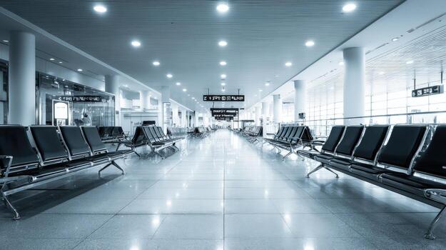 Airport Waiting Area with Empty Seats and Modern Architecture, Conveying Travel and Transportation photo