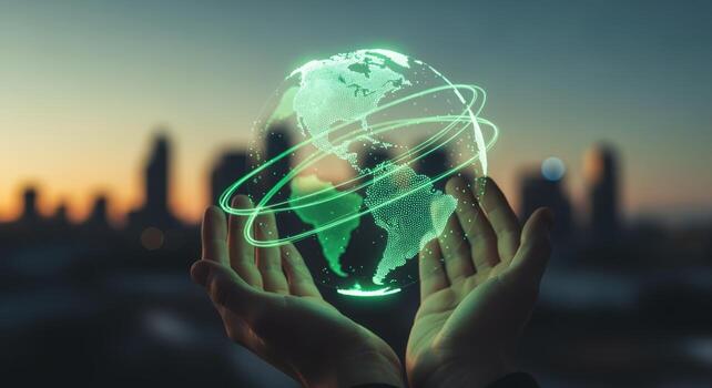 Hands Holding Digital Globe Projection Global Connectivity, Technology, and Sustainable Future Concept photo