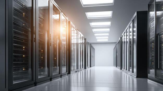 Data Center Server Room Modern IT Infrastructure with Rows of Rack Mounted Servers and Technology Equipment photo