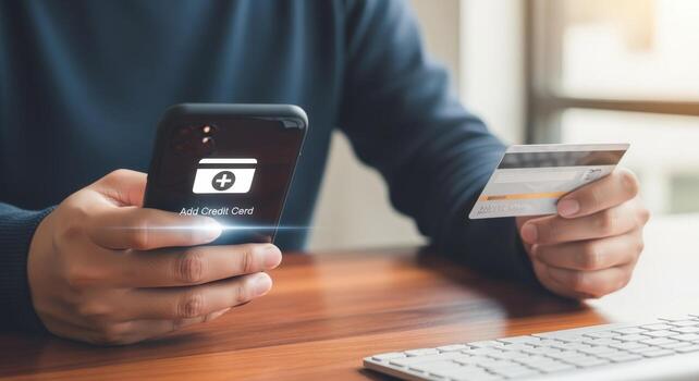 Man uses mobile phone and credit card for secure online payment transactions and digital banking photo