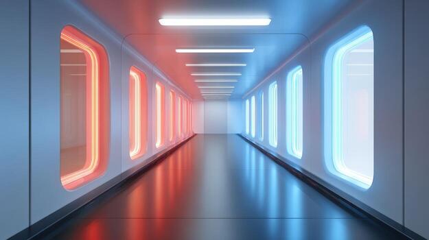 Futuristic Long Corridor with Red and Blue Lights, Modern Interior Design, Sci-Fi Architecture photo