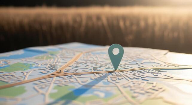 Location Pin on Detailed City Map with Field Background, Representing Navigation and Exploration photo
