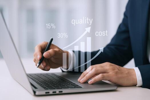 Business Growth Strategy Man Analyzing Data on Laptop with Graph Illustrating Quality and Cost Improvement photo