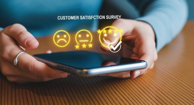 Customer Satisfaction Survey Woman Interacting with Digital Feedback Interface on Mobile Device, Providing Positive Review photo