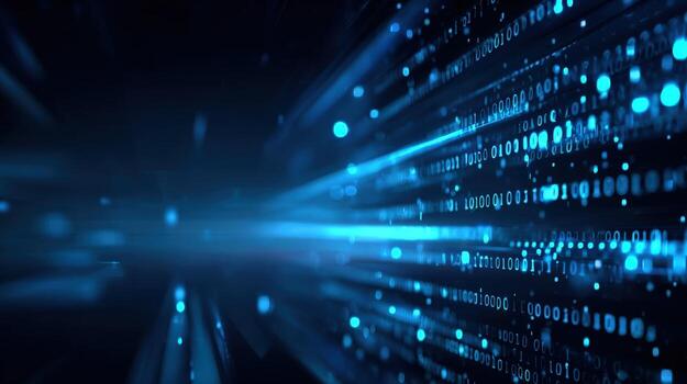 futurista digital datos corriente con brillante partículas y binario código para tecnología conceptos foto
