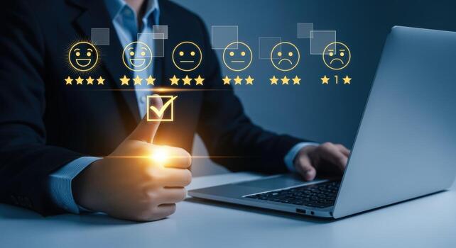 Customer Satisfaction Survey Business Professional Giving Positive Feedback on Digital Interface with Laptop photo