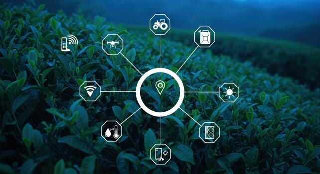Precision Farming Technology Over Tea Plantation Field Futuristic Agriculture, Data-Driven Solutions, and Sustainable Practices photo