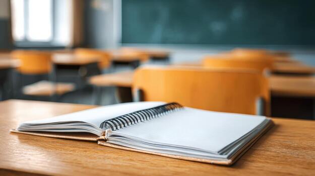 Empty Classroom with Notebook on Desk Education, Learning Environment, and Back to School Concept photo