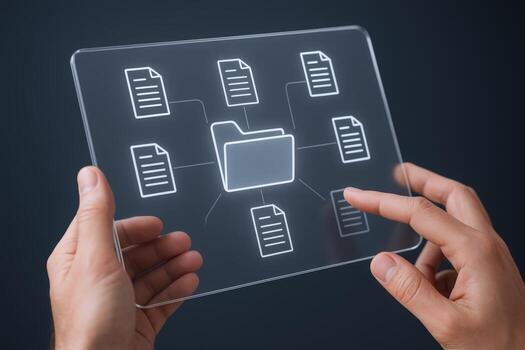 Digital Document Management Concept with Transparent Touchscreen Interface Displaying Organized Files and Data Flow photo