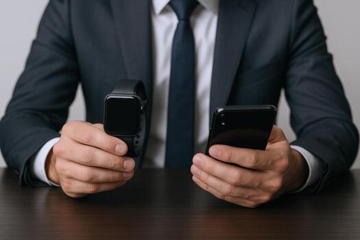 Businessman Comparing Smartwatch and Smartphone Technologies Demonstrating Connectivity and Modern Communication in a Professional Setting photo