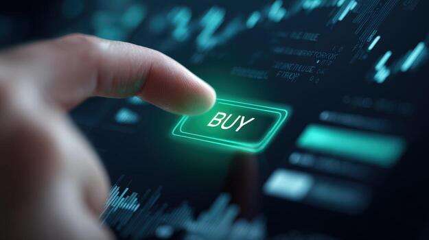 Finger presses a glowing Buy button on a modern touch screen interface with financial data photo