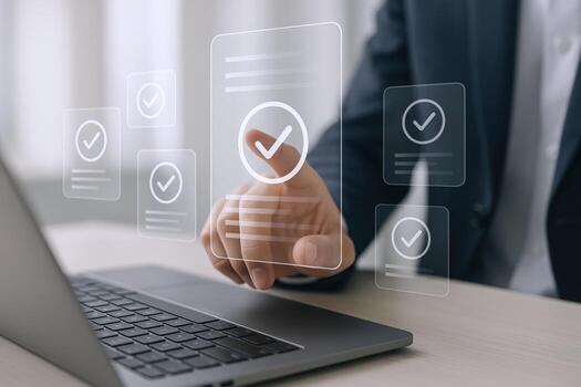 Digital Document Approval Workflow Businessman Confirming and Processing Files on a Virtual Interface photo