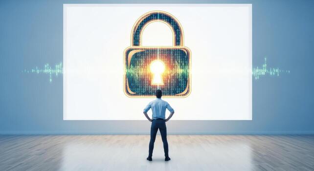 hombre frente a digital candado la seguridad cibernética concepto para datos proteccion y seguro negocio soluciones foto