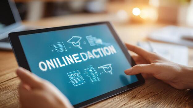 Online education on tablet, e-learning concept Hands holding device with educational content on screen photo
