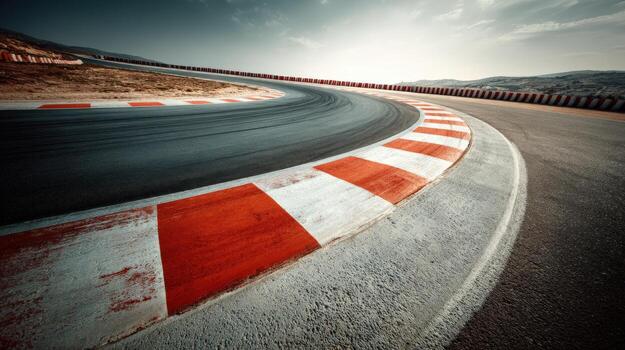High-Angle View of a Racing Track Curve with Red and White Striped Borders on a Sunny Day photo