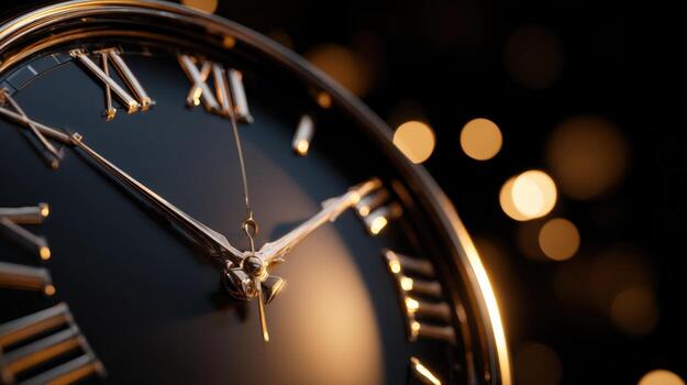 Elegant Clock Face Close-Up Displaying Time with Bokeh Lights in the Background for New Year photo