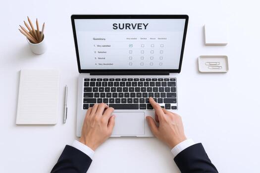 Online Survey on Laptop Businessman Completing Digital Questionnaire for Data Analysis and Customer Feedback photo