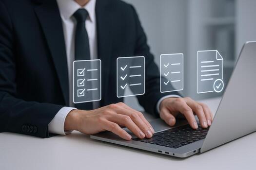 Businessman Completing Digital Checklist on Laptop, Modern Workflow Automation and Efficient Task Management Illustration photo