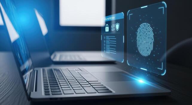 ordenador portátil biométrico seguridad exploración para ciber proteccion y seguro acceso con huella dactilar reconocimiento tecnología foto