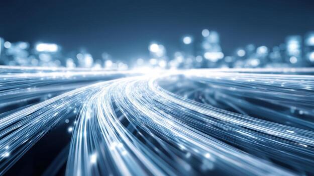 Abstract Blue Light Streaks with Cityscape Background, Representing High-Speed Data Transfer and Modern Technology photo