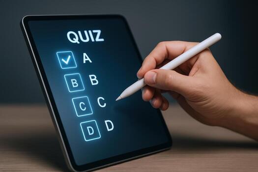 Online Quiz on Tablet Screen with Hand Holding Stylus Selecting Answer A, Interactive Test photo