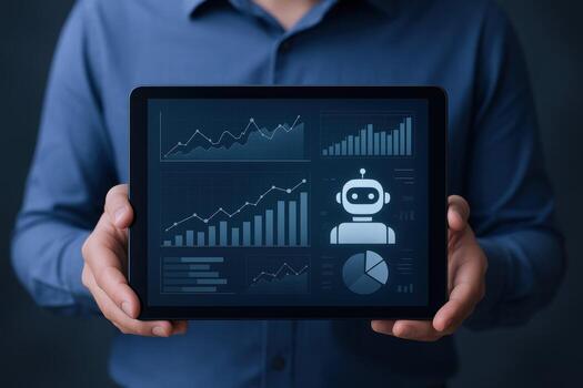 ai datos análisis en tableta desplegado por profesional, demostración robótica, cartas y gráficos foto