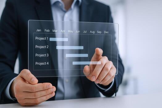 Businessman analyzing project timeline on a futuristic transparent screen, focusing on planning and progress management photo