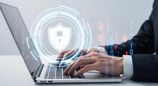 Cybersecurity Professional Securing Data on Laptop with Shield Lock Digital Interface Technology and Binary Code photo