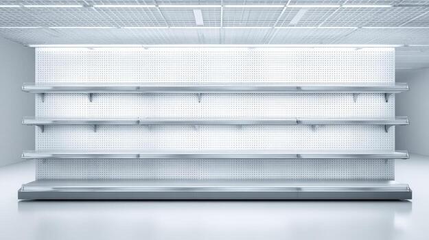 Empty Supermarket Shelves Clean and Modern Retail Space, Ready for Product Placement and Store Design photo