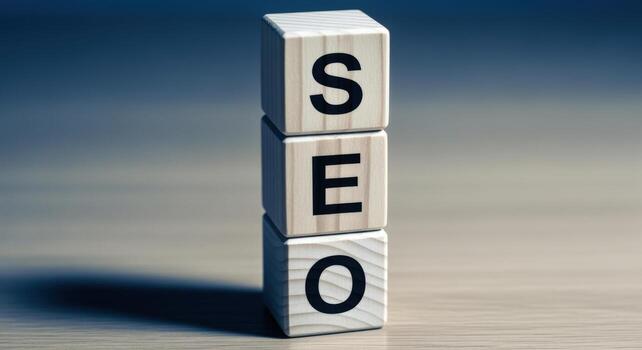 Wooden Blocks Spelling SEO Stacked Vertically on a Table Surface Showcasing Optimization Strategy photo