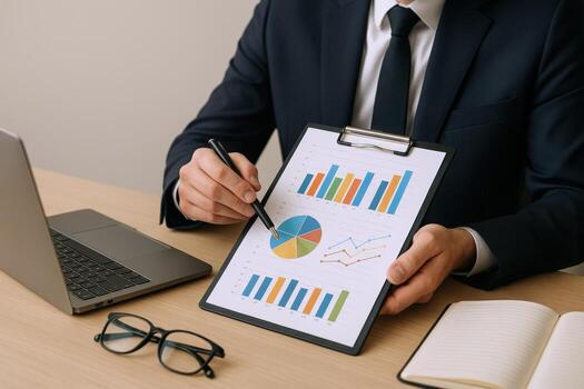 Business Professional Analyzing Charts and Graphs, Demonstrating Financial Performance with Laptop, Notebook and Eyeglasses on Desk photo