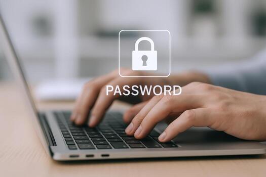 Hands Typing Password on Laptop for Security and Access Control Measures in Cybersecurity photo