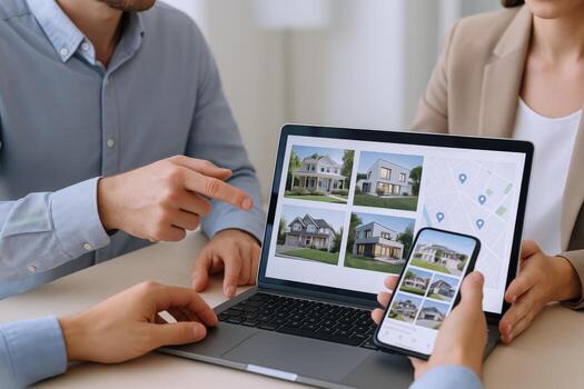 real inmuebles agente reunión con clientela mostrando propiedad listados en ordenador portátil y teléfono pantalla foto