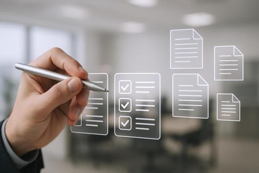 Digital checklist concept, hand holding pen with documents and tick marks, technology and business photo