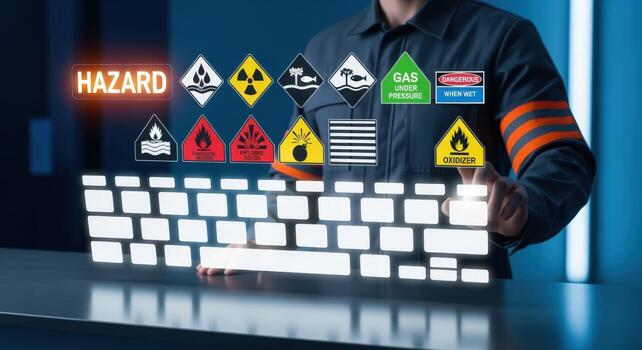 Hazardous Materials Training Concept Worker Interacting with Virtual Keyboard Displaying Hazard Symbols for Safety Compliance photo