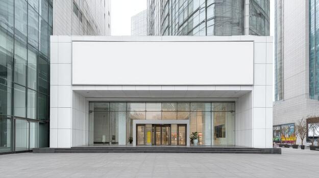 Modern Building Entrance with Blank Signage Ideal for Mockups and Advertising Displays in Urban Settings photo