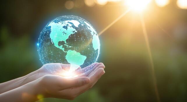 Protecting the Earth Hands Holding Digital Globe with Bright Sunlight, Symbolizing Environmental Conservation and Global Connection photo