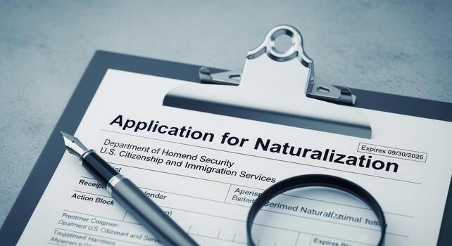Naturalization Application Document Close-up of Immigration Form with Pen and Magnifying Glass for Detailed Review photo