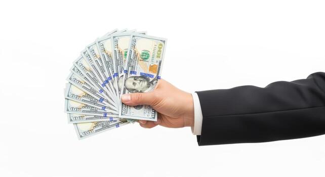 Hand Holding a Stack of One Hundred Dollar Bills Isolated on White Background in Studio photo