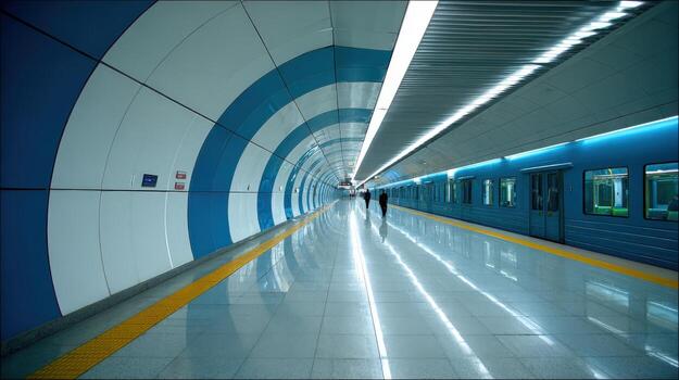 Modern subway station tunnel with blue and white circular pattern, passenger platform, and motion blurred people photo
