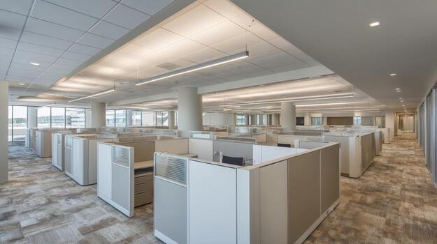Open Office Space with Cubicles Modern Interior Design for Collaborative Work Environment photo