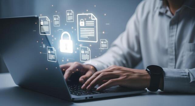 Data Protection Concept Man Using Laptop with Digital Padlock and Document Icons for Cybersecurity photo