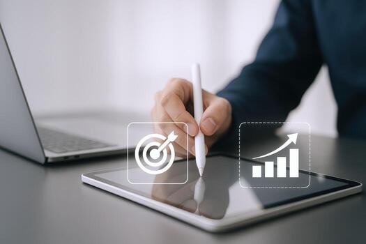 Digital Marketing Strategy Businessman Analyzes Business Growth Using Tablet with Goals and Analytics, Enhancing Data-Driven Insights photo