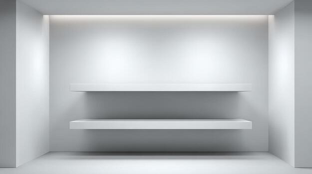 Minimalist White Interior with Empty Shelves for Product Display, Clean and Modern Mockup Backdrop photo