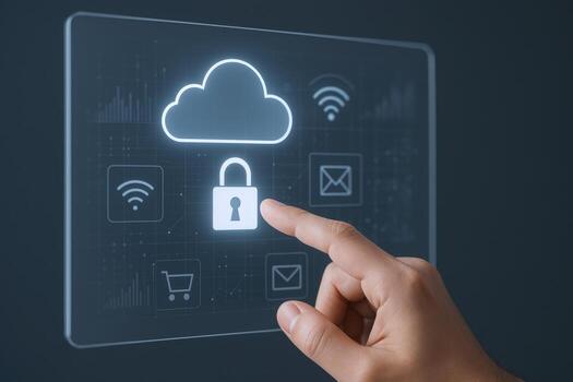 Cloud Security Concept Hand Interacting with Cloud and Padlock Interface on Touchscreen Display photo