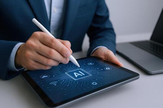 Businessman using tablet showcasing AI Future technology, innovative software, and digital transformation concept photo
