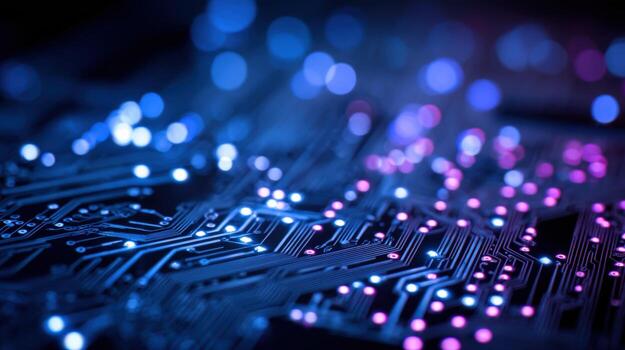 Abstract High-Tech Circuit Board Background with Glowing Nodes and Connections for Digital Innovation photo