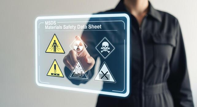 Woman Interacting with a Digital Material Safety Data Sheet Interface Displaying Hazard Symbols for Workplace Safety photo
