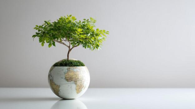 Small tree growing from a globe, showcasing environmental conservation and sustainable living in a studio setting photo