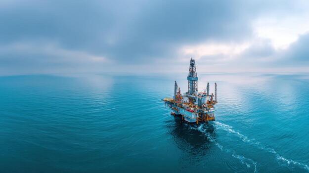 Offshore Oil Drilling Platform in the Ocean with Cloudy Sky, Resource Extraction and Energy Production photo